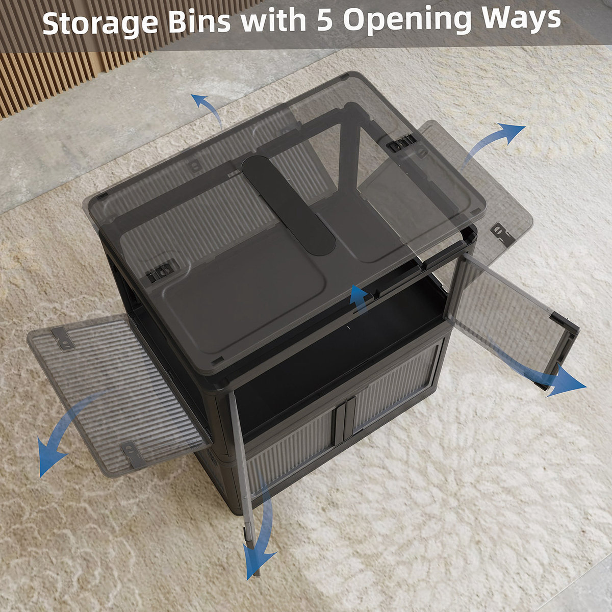 3-Pack Transparent Stackable Storage Bins with 5 Doors to Open with Wheels, Folding Plastic Craft Containers Large Closet Organizers Box